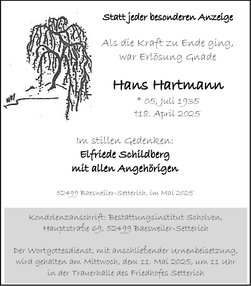  Traueranzeige für Hans Hartmann vom 25.05.2025 aus Zeitung am Sonntag