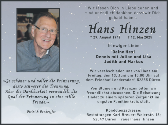 Traueranzeige von Hans Hinzen von Zeitung am Sonntag