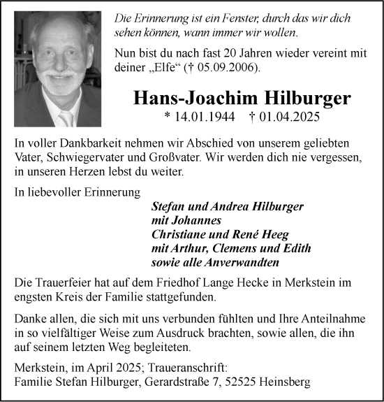 Traueranzeige von Hans-Joachim Hilburger von Zeitung am Sonntag