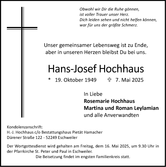 Traueranzeige von Hans-Josef Hochhaus von Zeitung am Sonntag