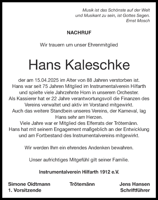 Traueranzeige von Hans Kaleschke von Zeitung am Sonntag