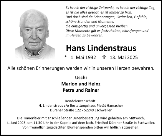 Traueranzeige von Hans Lindenstraus von Zeitung am Sonntag