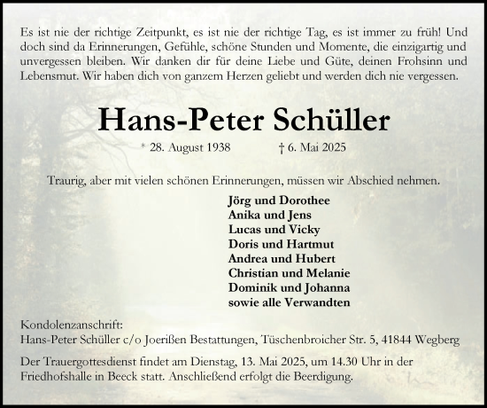Traueranzeige von Hans-Peter Schüller von Zeitung am Sonntag