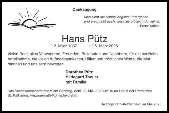 Traueranzeige von Hans Pütz von Zeitung am Sonntag