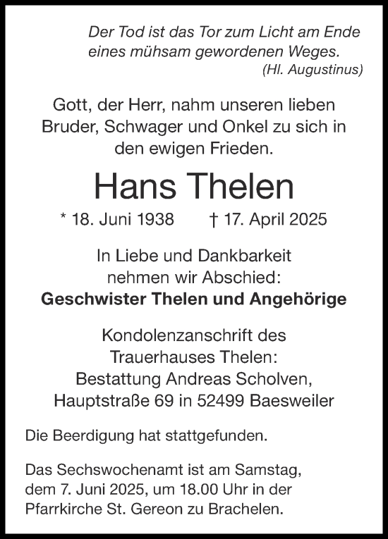 Traueranzeige von Hans Thelen von Zeitung am Sonntag