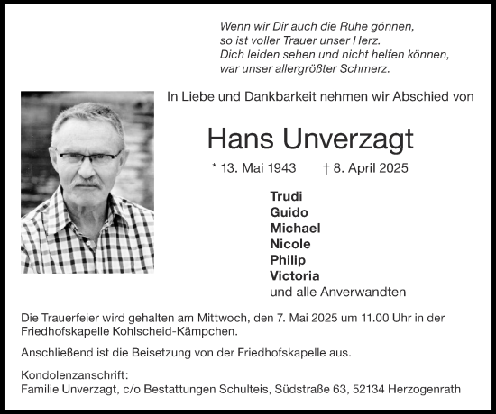 Traueranzeige von Hans Unverzagt von Zeitung am Sonntag