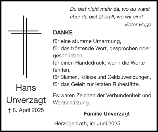 Traueranzeige von Hans Unverzagt von Zeitung am Sonntag