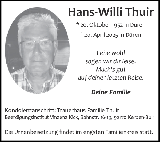 Traueranzeige von Hans-Willi Thuir von Zeitung am Sonntag