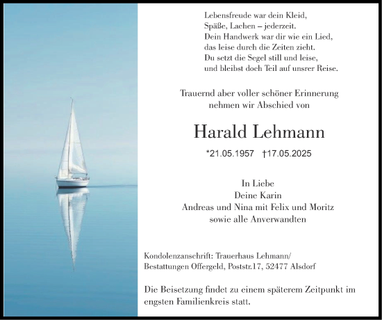 Traueranzeige von Harald Lehmann von Zeitung am Sonntag