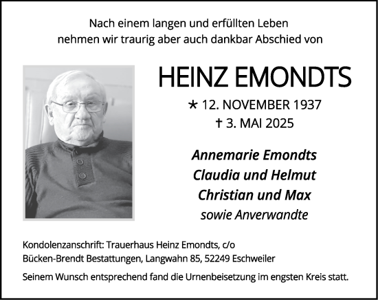Traueranzeige von Heinz Emondts von Zeitung am Sonntag