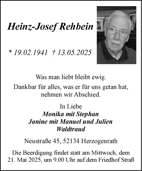 Traueranzeige von Heinz-Josef Rehbein von Zeitung am Sonntag
