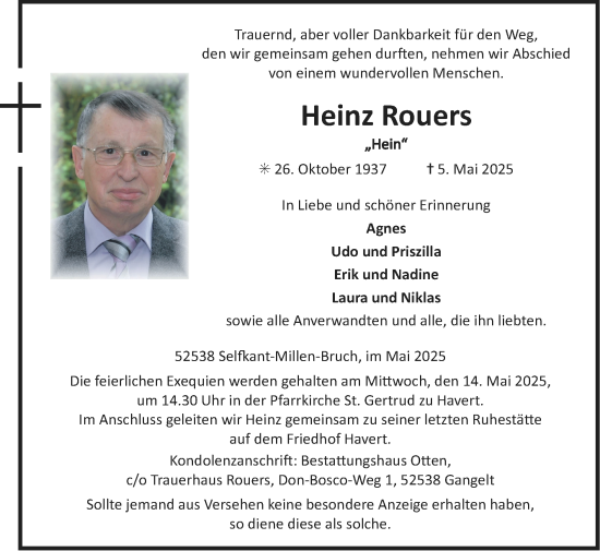 Traueranzeige von Heinz Rouers von Zeitung am Sonntag