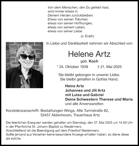 Traueranzeige von Helene Artz von Zeitung am Sonntag