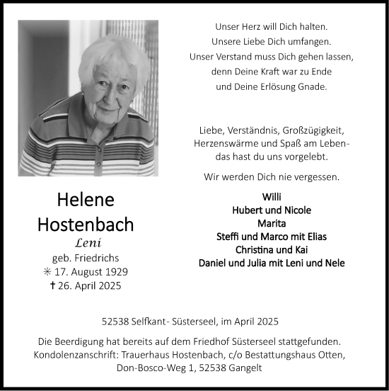 Traueranzeige von Helene Hostenbach von Zeitung am Sonntag