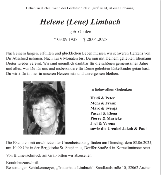 Traueranzeige von Helene Limbach von Aachener Zeitung