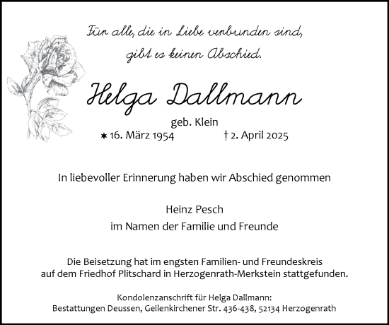 Traueranzeige von Helga Dallmann von Zeitung am Sonntag