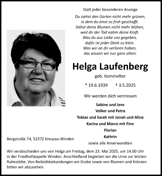 Traueranzeige von Helga Laufenberg von Zeitung am Sonntag