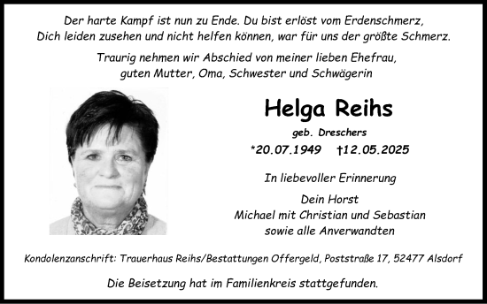 Traueranzeige von Helga Reihs von Zeitung am Sonntag