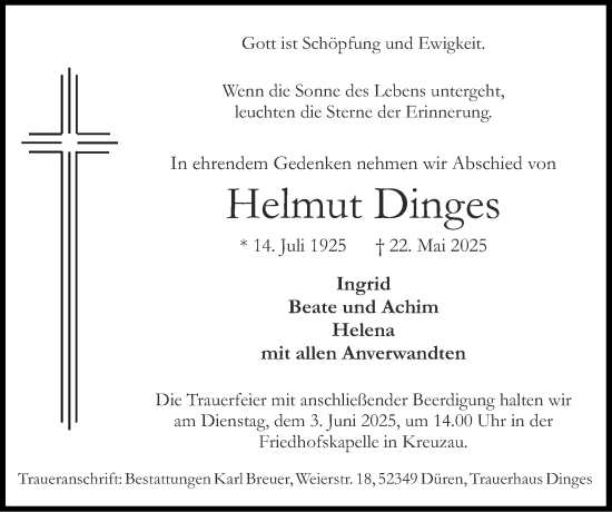 Traueranzeige von Helmut Dinges von Zeitung am Sonntag
