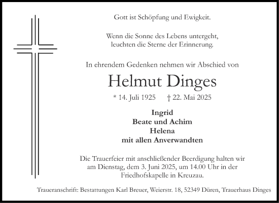 Traueranzeige von Helmut Dinges von Aachener Zeitung