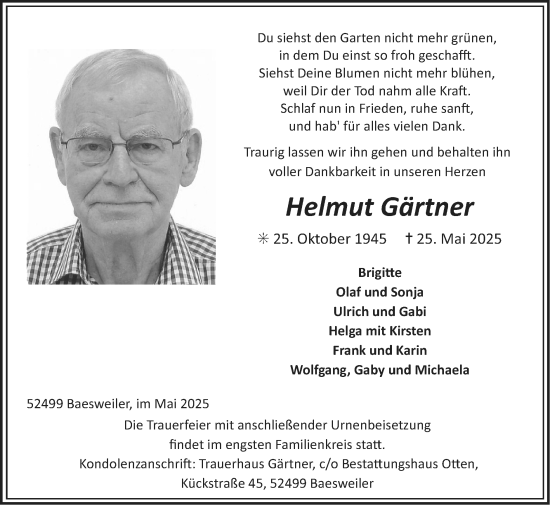 Traueranzeige von Helmut Gärtner von Zeitung am Sonntag