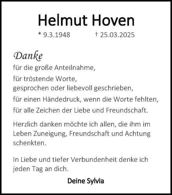 Traueranzeige von Helmut Hoven von Zeitung am Sonntag
