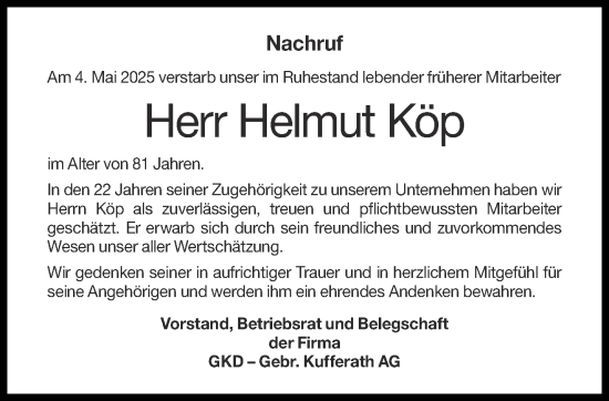 Traueranzeige von Helmut Köp von Aachener Zeitung