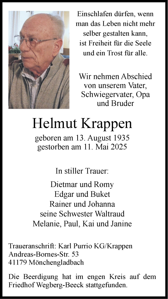 Traueranzeige von Helmut Krappen von Zeitung am Sonntag