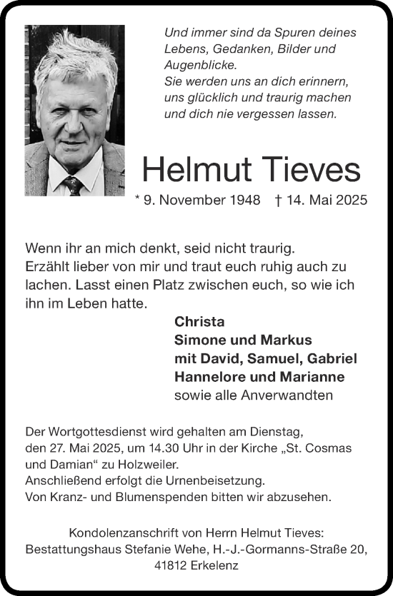 Traueranzeige von Helmut Tieves von Zeitung am Sonntag