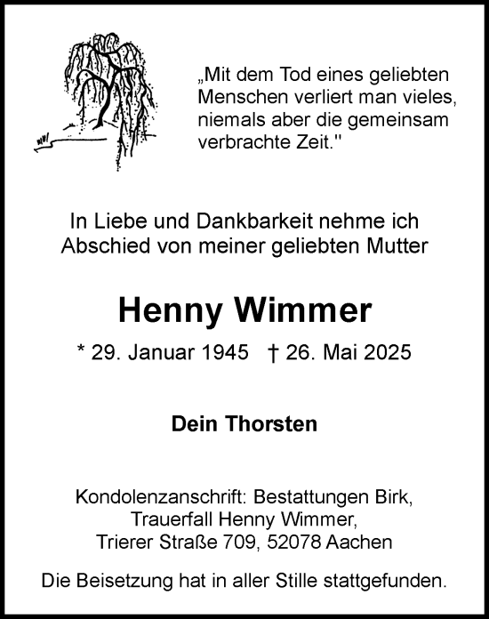 Traueranzeige von Henny Wimmer von Zeitung am Sonntag