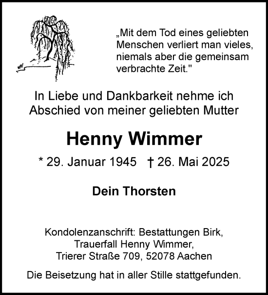 Traueranzeige von Henny Wimmer von Aachener Zeitung