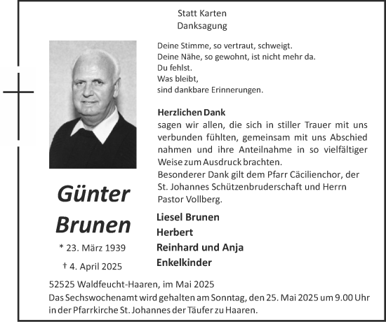 Traueranzeige von Herbert Brunen von Zeitung am Sonntag
