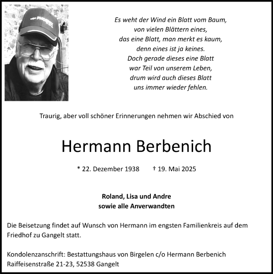 Traueranzeige von Hermann Berbenich von Zeitung am Sonntag