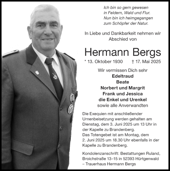 Traueranzeige von Hermann Bergs von Zeitung am Sonntag