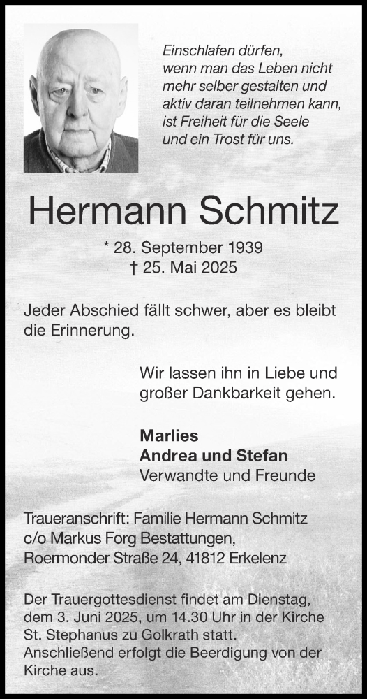 Traueranzeige von Hermann Schmitz von Zeitung am Sonntag
