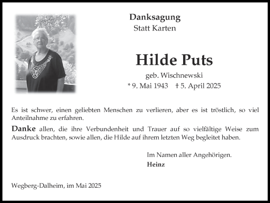 Traueranzeige von Hilde Puts von Zeitung am Sonntag