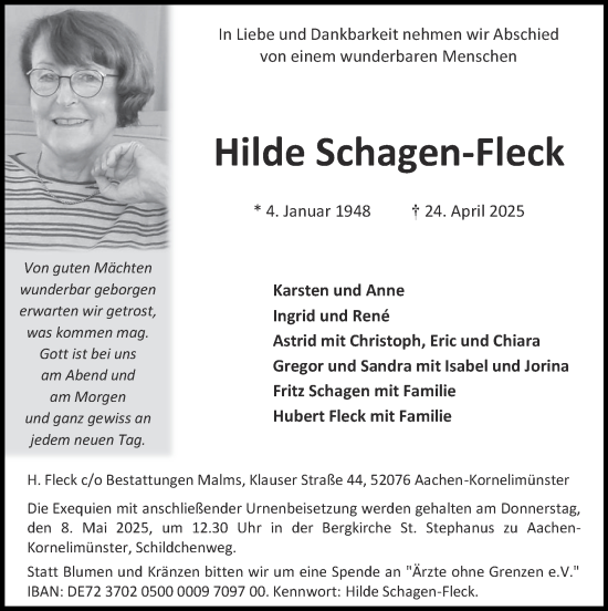 Traueranzeige von Hilde Schagen-Fleck von Zeitung am Sonntag