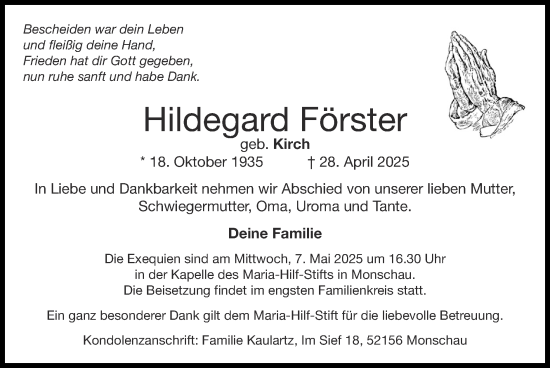 Traueranzeige von Hildegard Förster von Zeitung am Sonntag