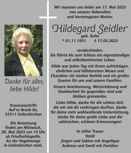 Traueranzeige von Hildegard Seidler von Zeitung am Sonntag