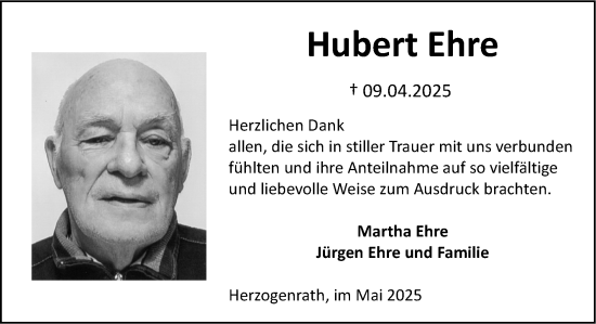 Traueranzeige von Hubert Ehre von Zeitung am Sonntag