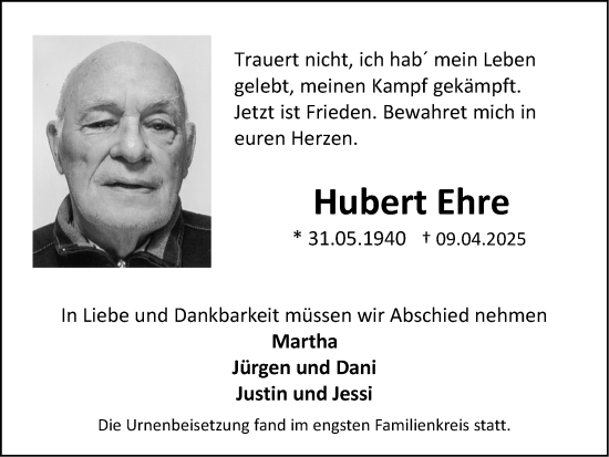 Traueranzeige von Hubert Ehre von Zeitung am Sonntag