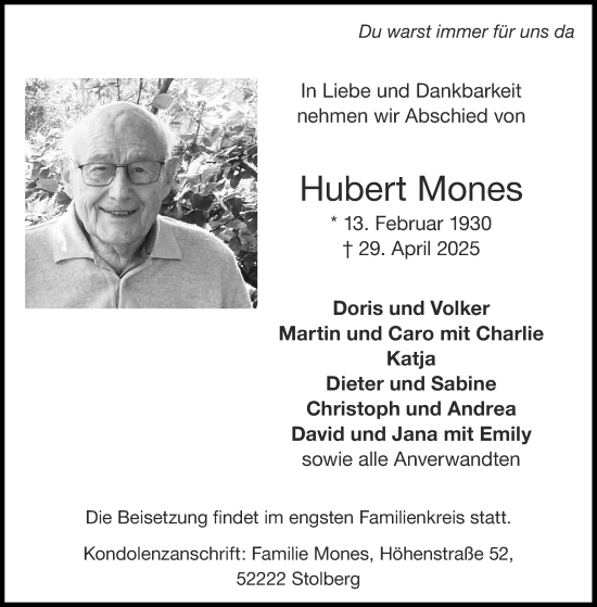 Traueranzeige von Hubert Mones von Aachener Zeitung