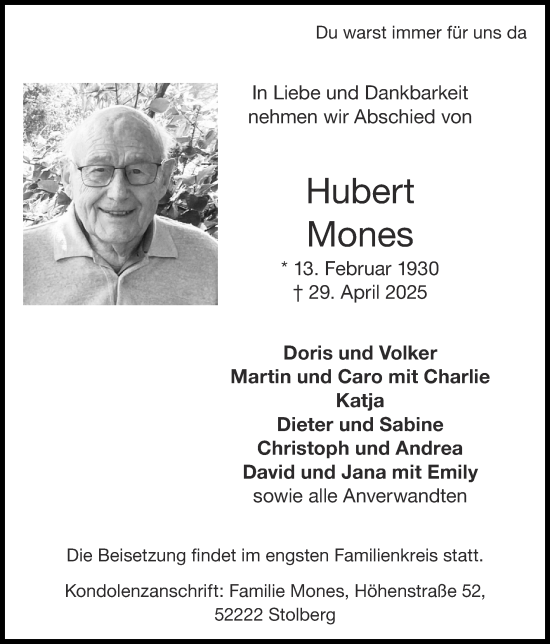 Traueranzeige von Hubert Mones von Zeitung am Sonntag