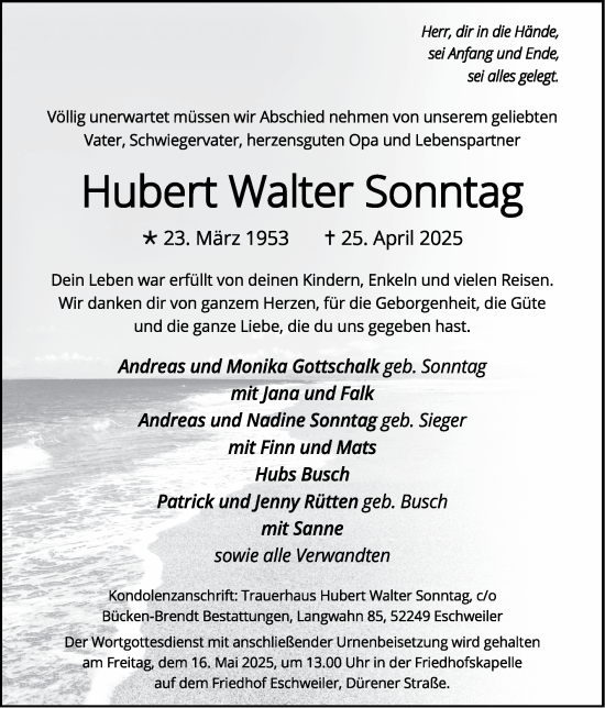 Traueranzeige von Hubert Walter Sonntag von Zeitung am Sonntag