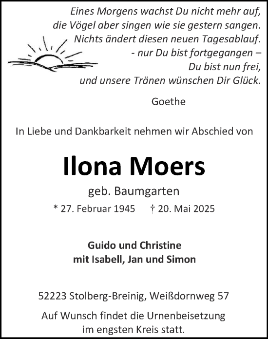Traueranzeige von Ilona Moers von Zeitung am Sonntag