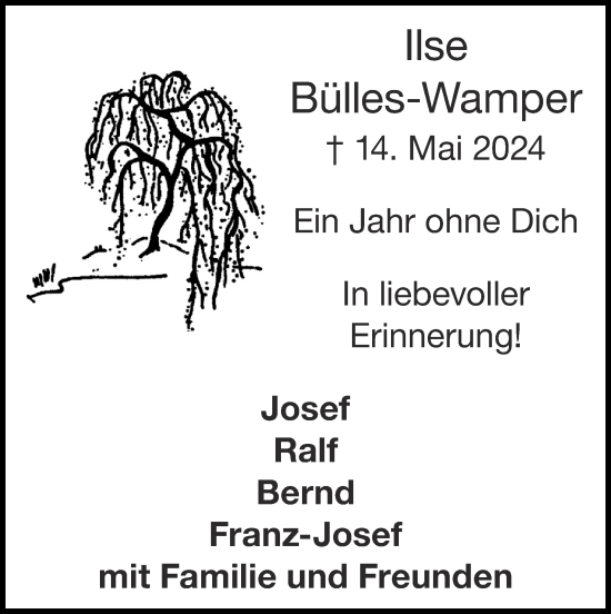 Traueranzeige von Ilse Bülles-Wamper von Zeitung am Sonntag