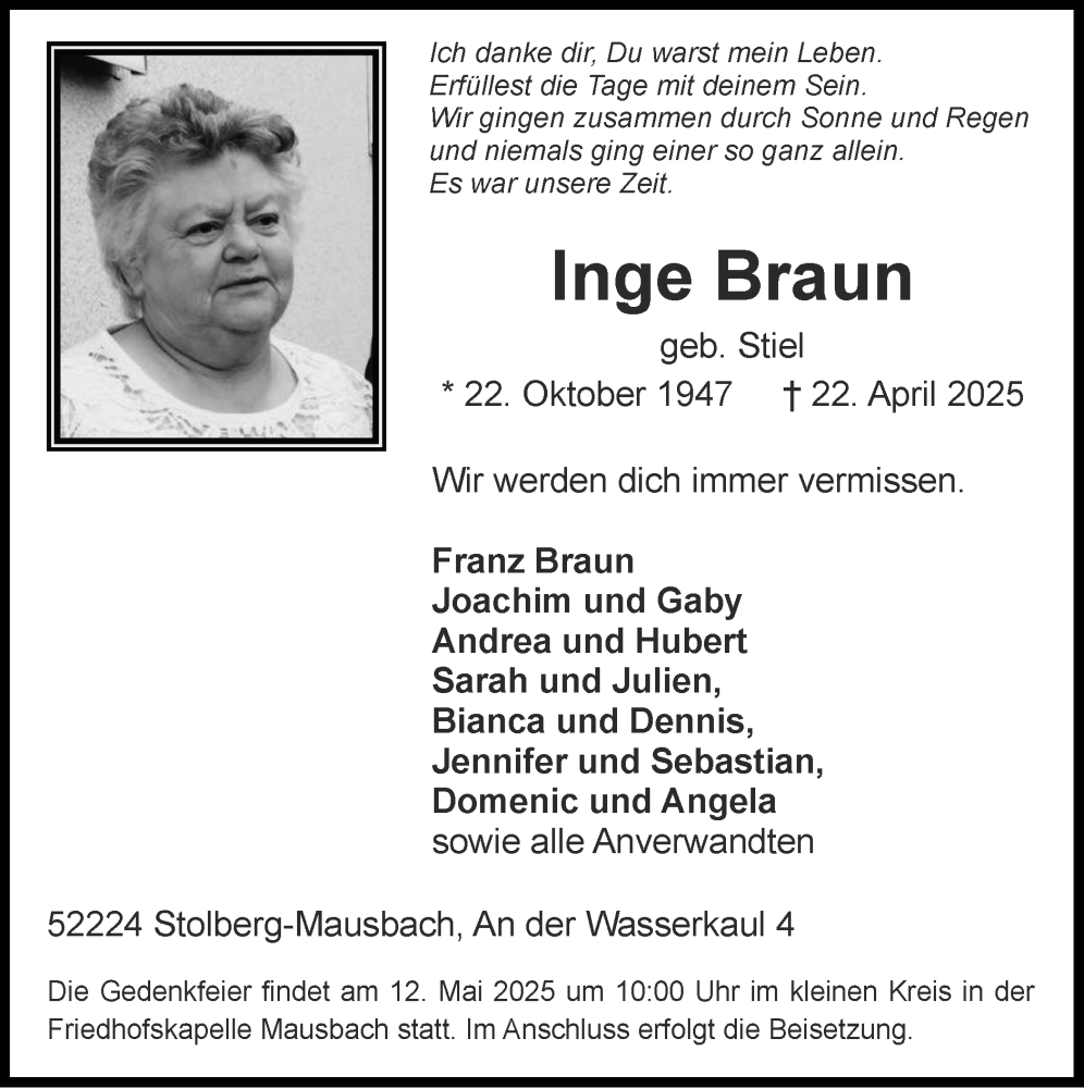  Traueranzeige für Inge Braun vom 04.05.2025 aus Zeitung am Sonntag