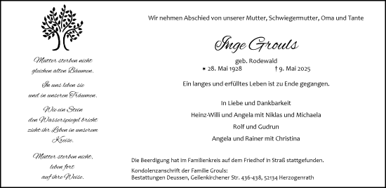 Traueranzeige von Inge Grouls von Aachener Zeitung