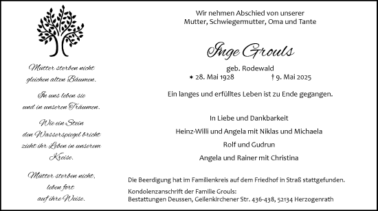 Traueranzeige von Inge Grouls von Zeitung am Sonntag