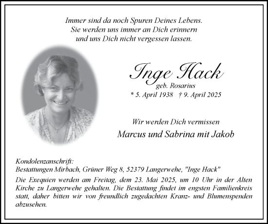 Traueranzeige von Inge Hack von Zeitung am Sonntag
